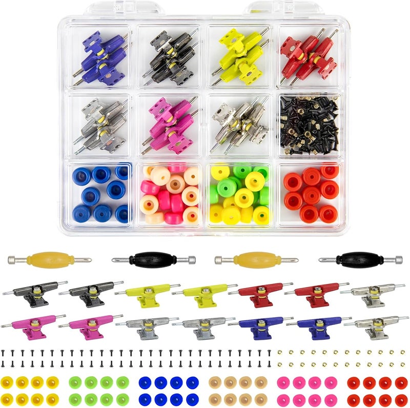 DisplayMore Store 14PCS Multicolour Trucks & 48PCS Wheels & 60PCS Screws & 30PCS Nuts & 4PCS Spanner Tool for 96mm Fingerboard Skateboard Wooden Deck Parts Kit Tool Case - Image 1